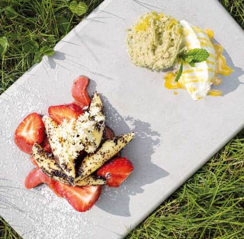 Poppy seed pasta with strawberry and rhubarb compote, sour cream mousse, mint sponge Image
