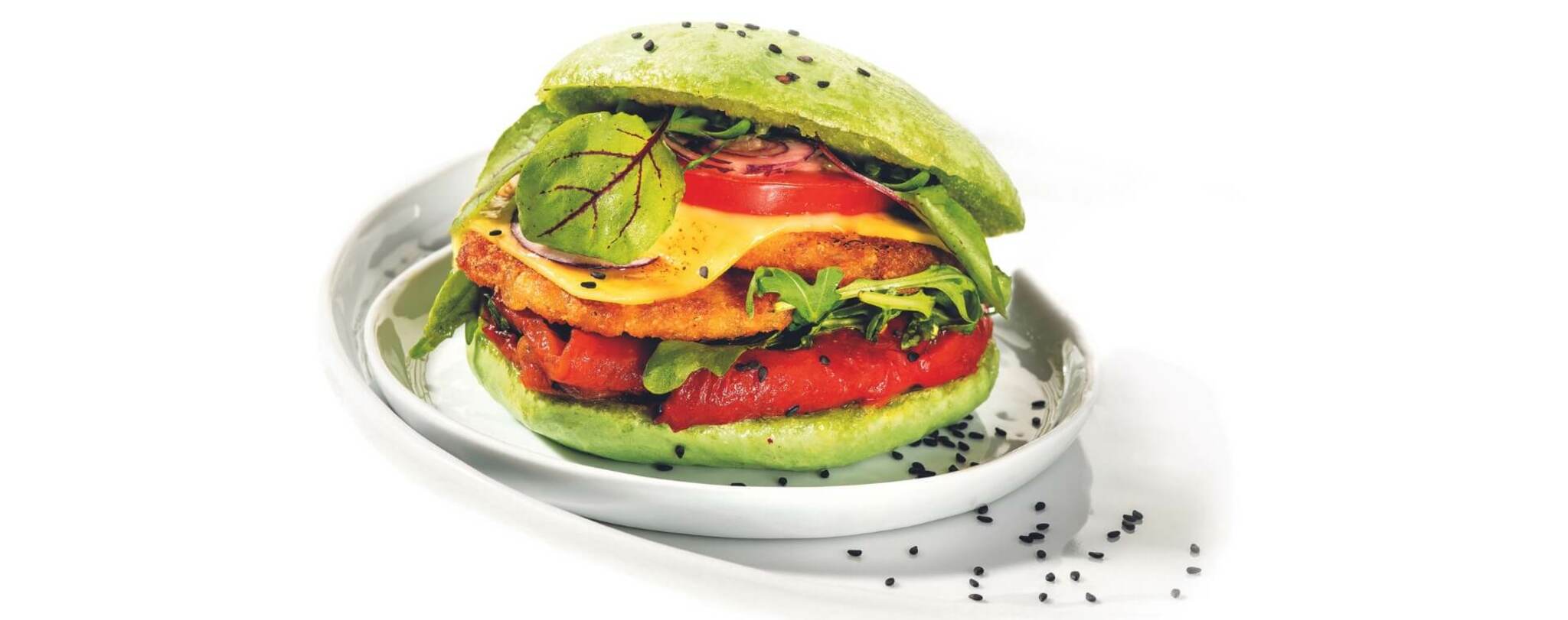 11er Knusper Rösti&nbsp;| in grünem Chlorella-Burgerbrot mit Tomatensalsa und Pesto
