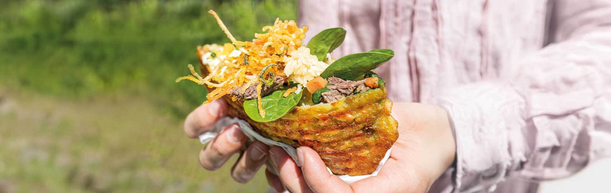 Potato Rösti filled with Viennese boiled beef served as street food