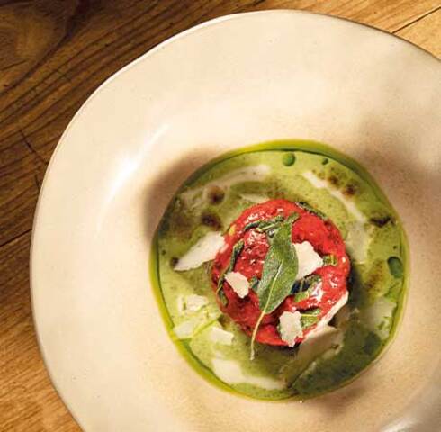Beetroot and Rösti dumplings with sage cream and Parmesan Image