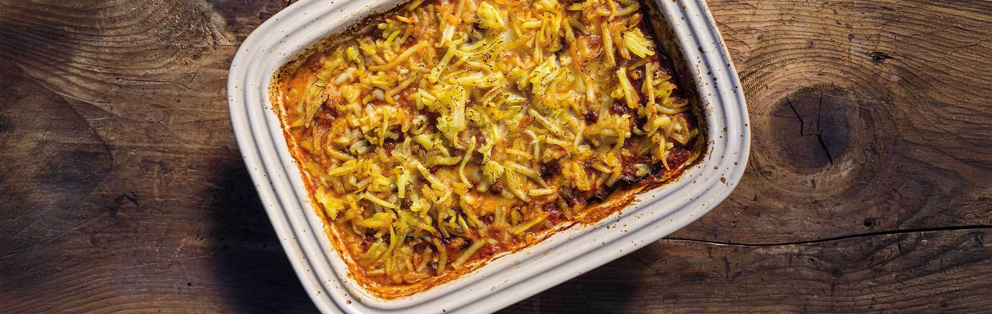 Potato and aubergine casserole with a Rösti crust
