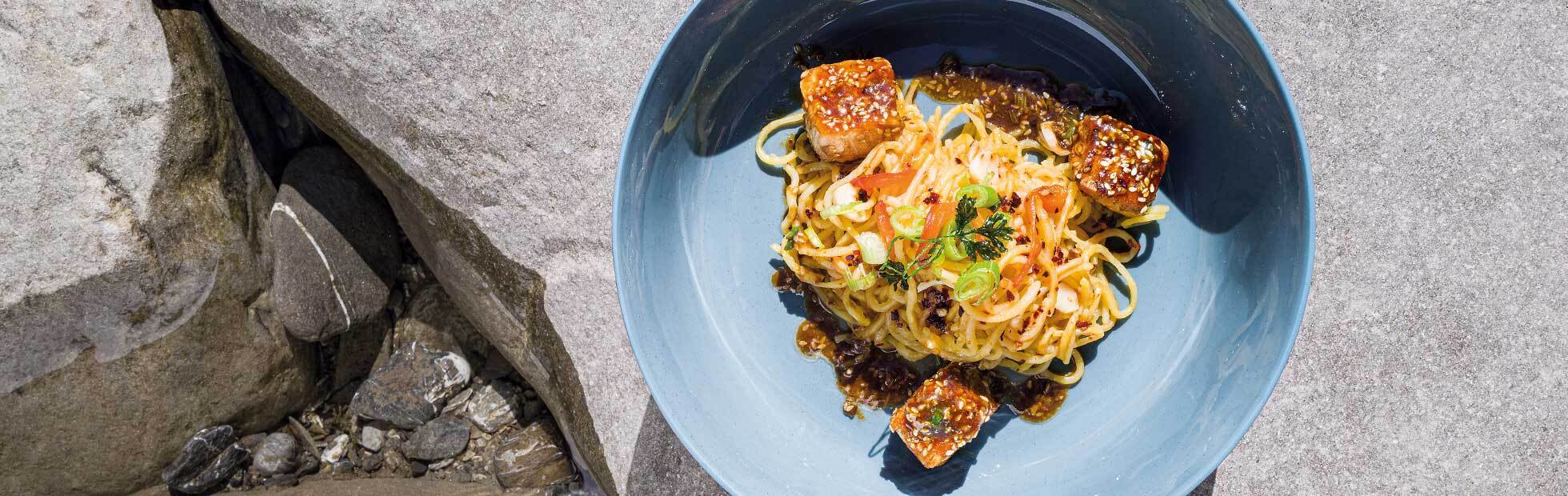 Asian-style potato spaghetti aglio e olio with teriyaki salmon