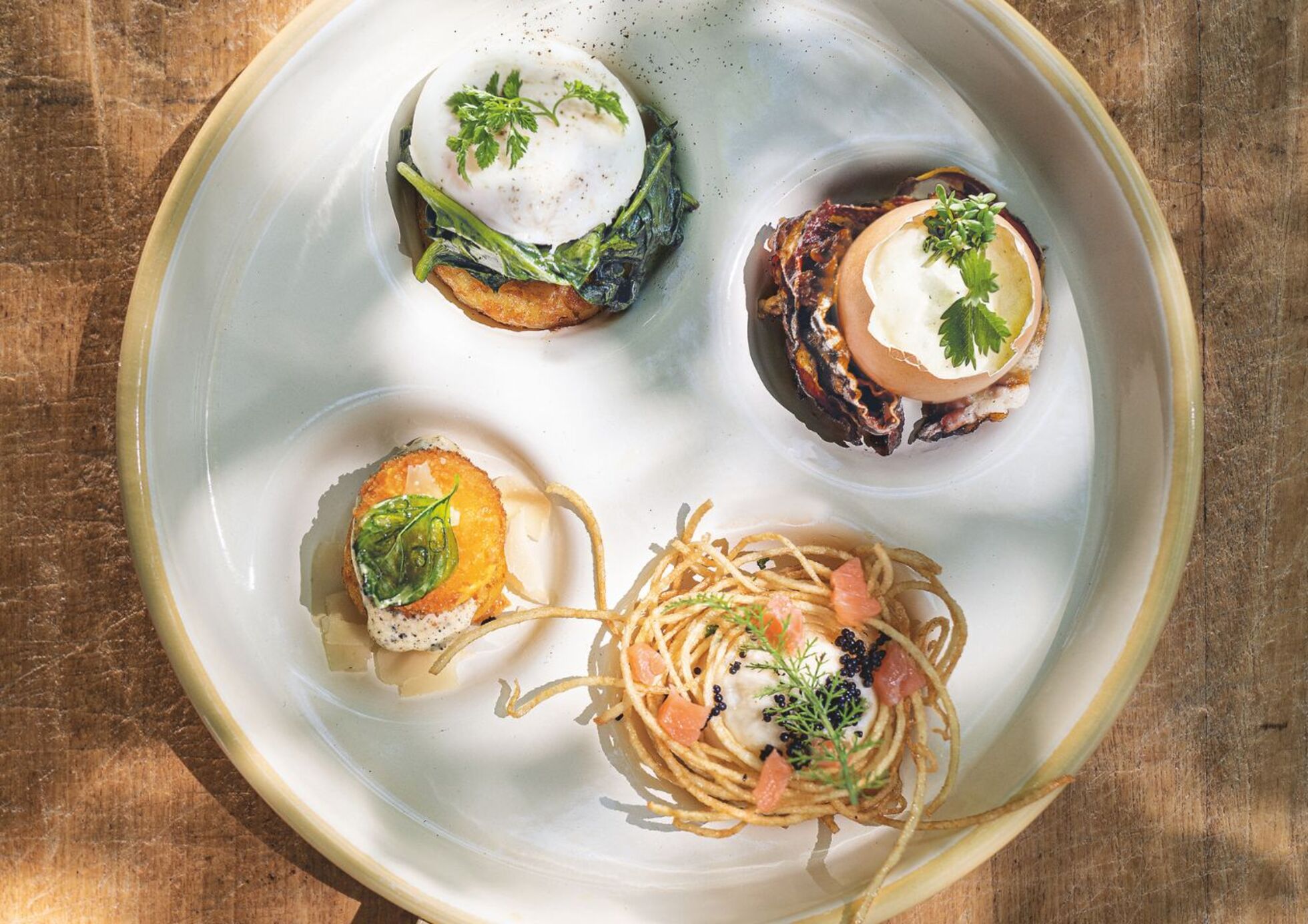 11er Kartoffelvielfalt mit Ei – vier verschiedene Zubereitungen auf einem Teller